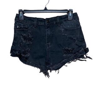 Women’s KanCan black mid-rise distressed denim shorts summer grunge festival